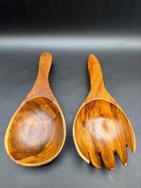 Vintage Hand Carved Wooden Salad Serving Spoon Fork Set 10in Wood Utensils